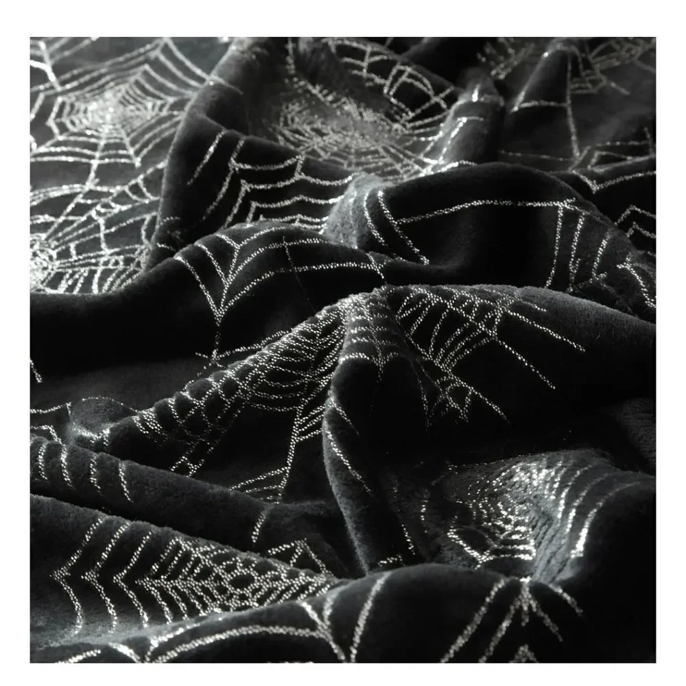 Halloween velvet plush throw blanket- Black w Silver Metallic Spiderwebs- 50x60